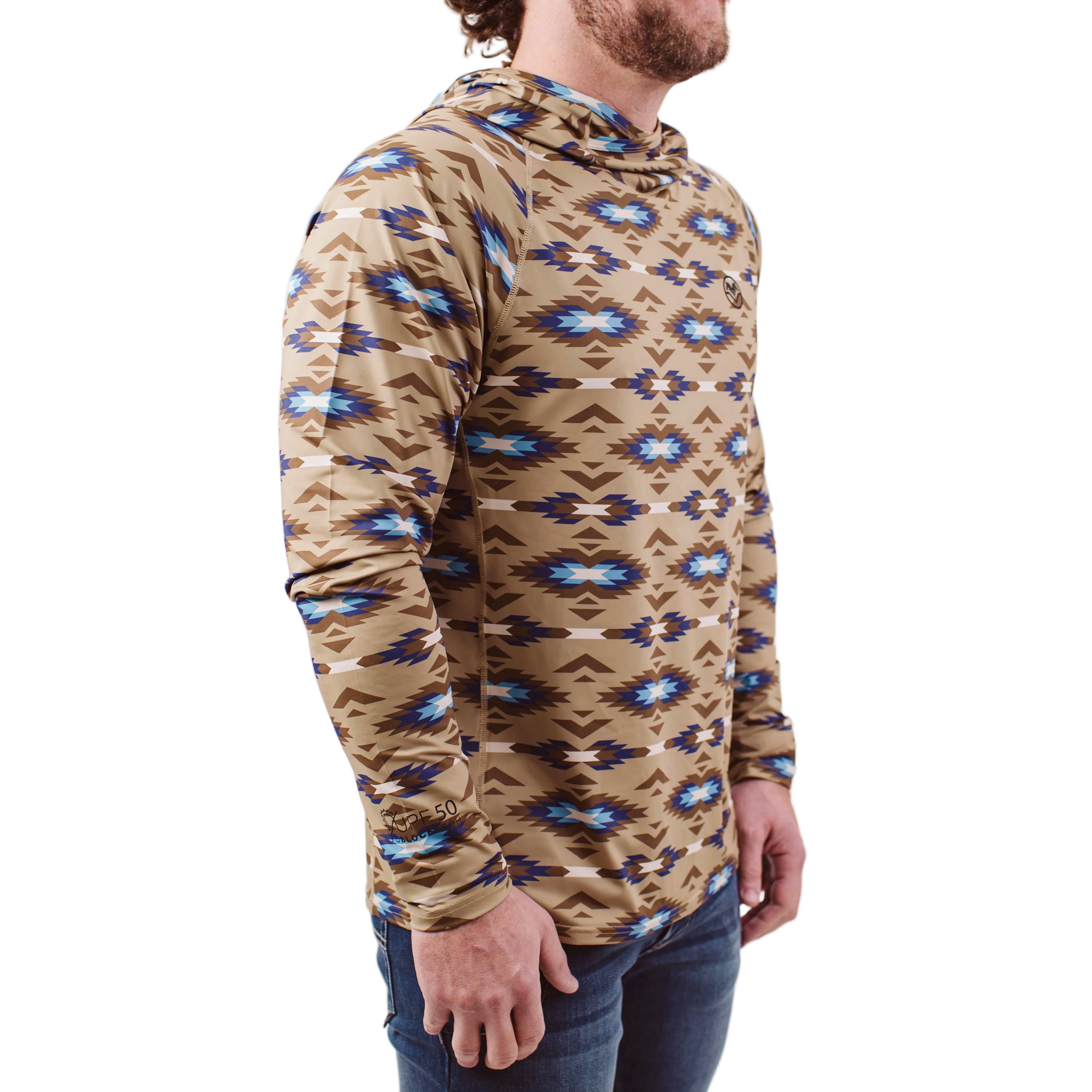 Three quarter side view of TD x Black Canyon Systems Southwest Tan tactical sun hoodie highlighting raglan sleeve construction, ergonomic side panels, and lightweight UPF 50 performance fabric built for desert training and extended sun exposure