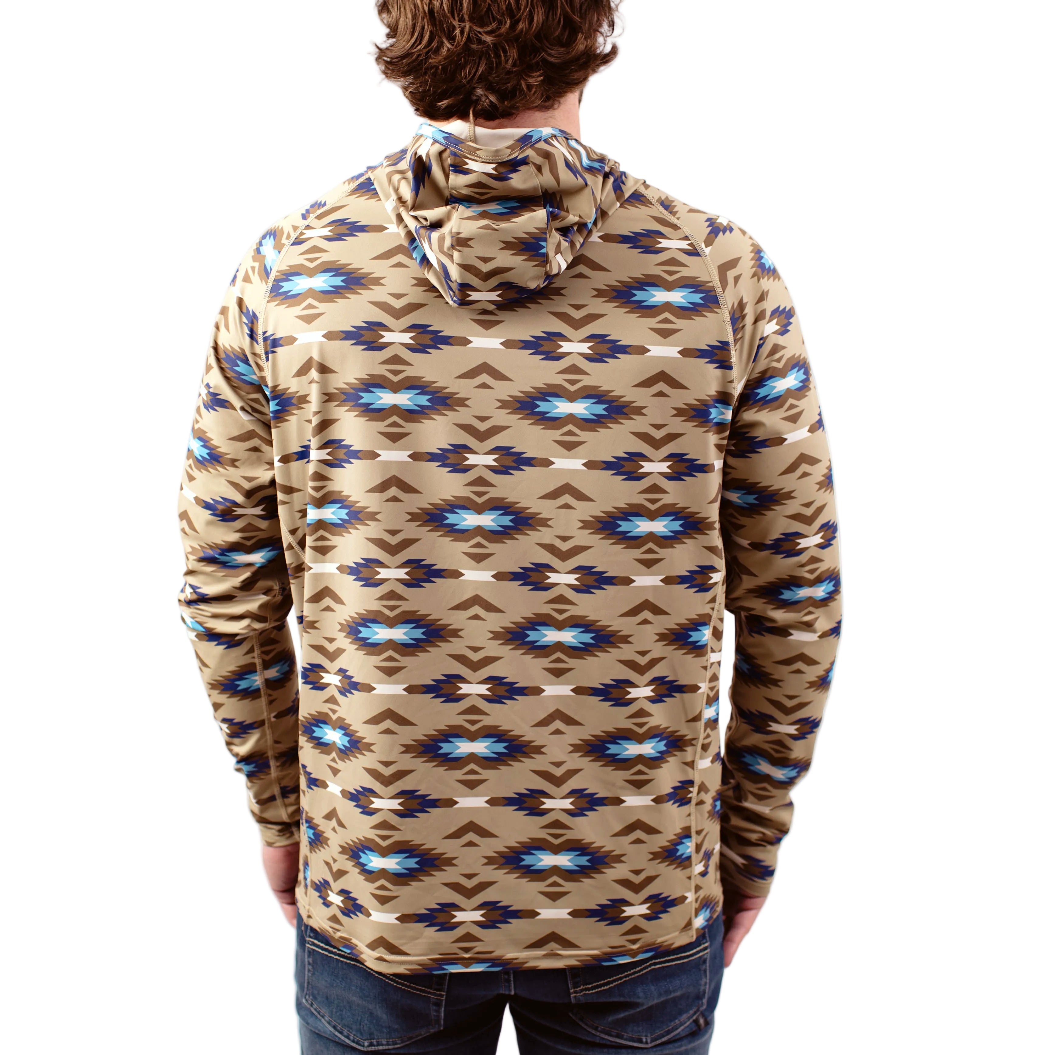 Rear view of TD x Black Canyon Systems Southwest Tan tactical hooded sun shirt showing full camo coverage, breathable 4 way stretch fabric, and relaxed fit built for hot weather range days and extended outdoor exposure