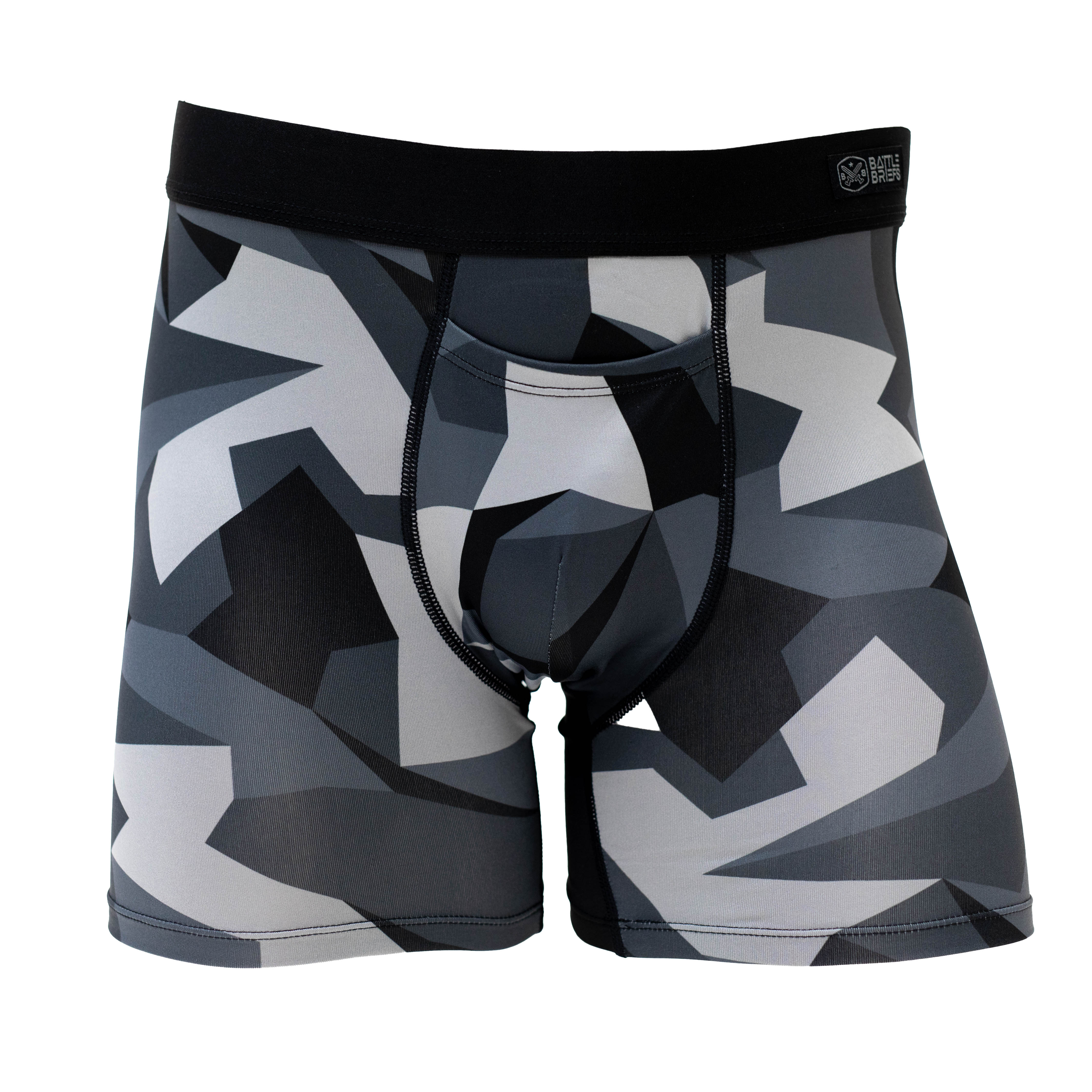 Front view of Battle Briefs Men’s Performance Boxer Briefs in Night M90 camo. These tactical boxer briefs feature moisture-wicking, quick-drying fabric and anti-microbial technology. Designed for comfort and durability, perfect for active wear, gym sessions, and tactical missions.