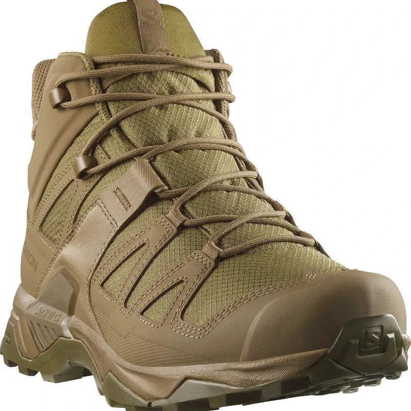 Front view of the Salomon FORCES X Ultra Mid in Coyote showing the reinforced toe, breathable tactical upper, and secure lace system built for military operations, law enforcement patrol, mountain trekking, and fast moving urban missions with Advanced Chassis stability.