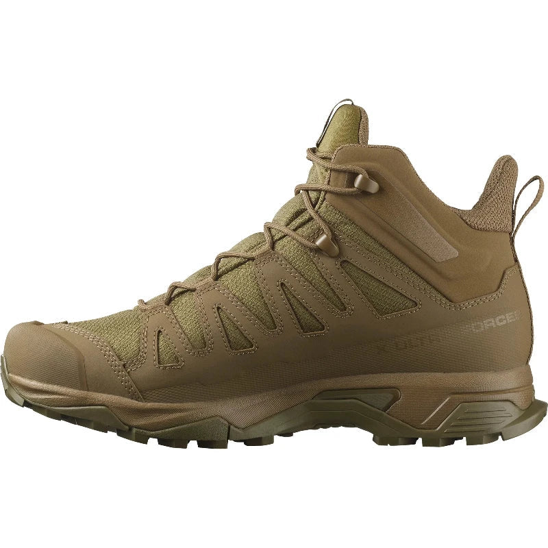 Side view of the Salomon FORCES X Ultra Mid in Coyote showing the supportive Advanced Chassis design, breathable tactical upper, and non reflective materials built for military use, law enforcement duty, mountain trekking, and fast moving urban operations.