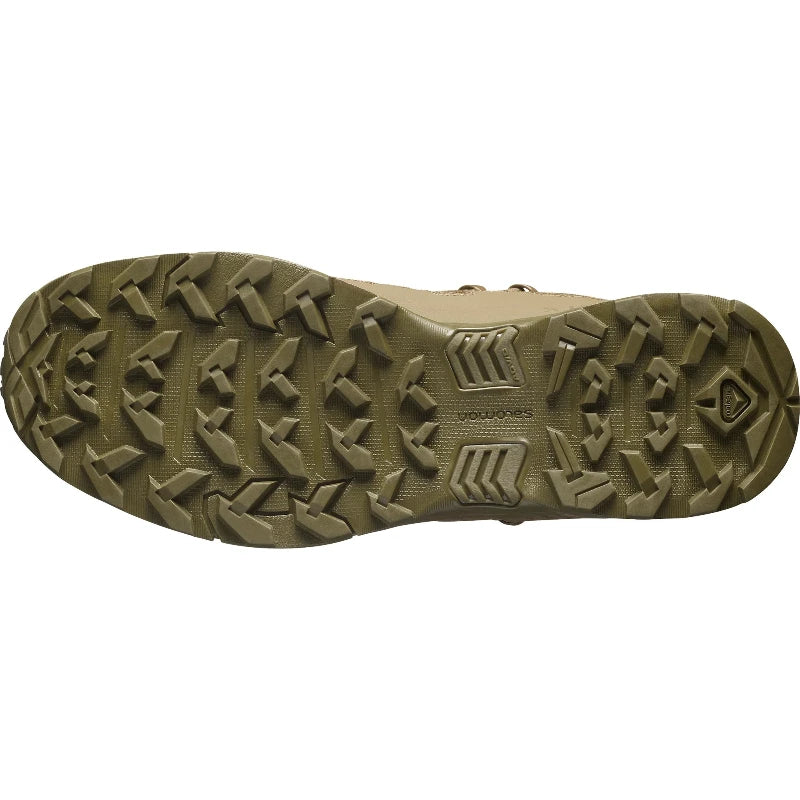 Outsole view of the Salomon FORCES X Ultra Mid in Coyote showing the aggressive All Terrain Contagrip sole engineered for military operations, law enforcement patrol, mountain trekking, and rugged tactical movement with maximum grip and stability.