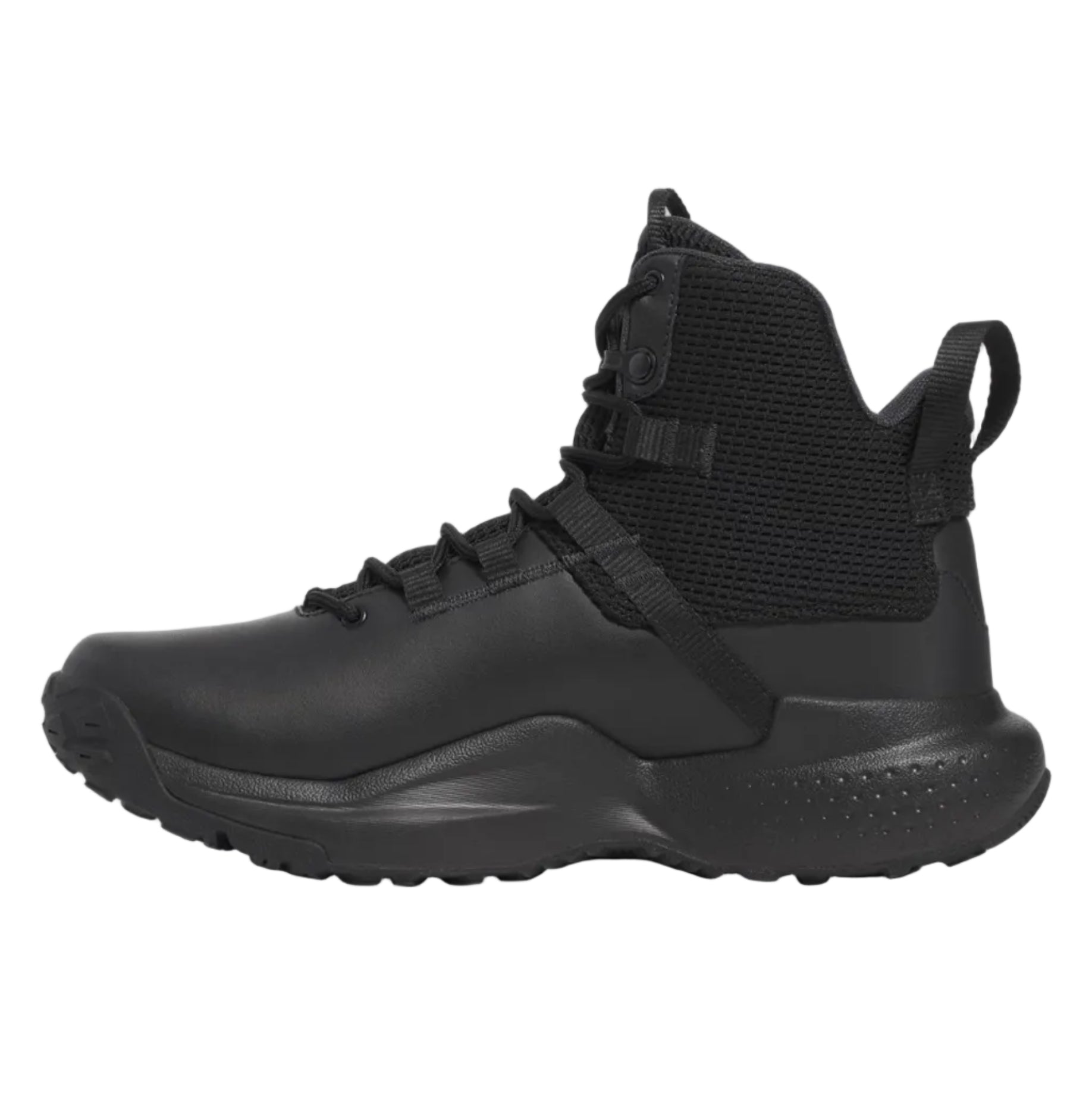 Inside foot side view of the UA Stellar Mid Tactical Boots in Black highlighting the reinforced TPU shank, cushioned midsole, and durable upper designed for long duty shifts and unpredictable terrain.