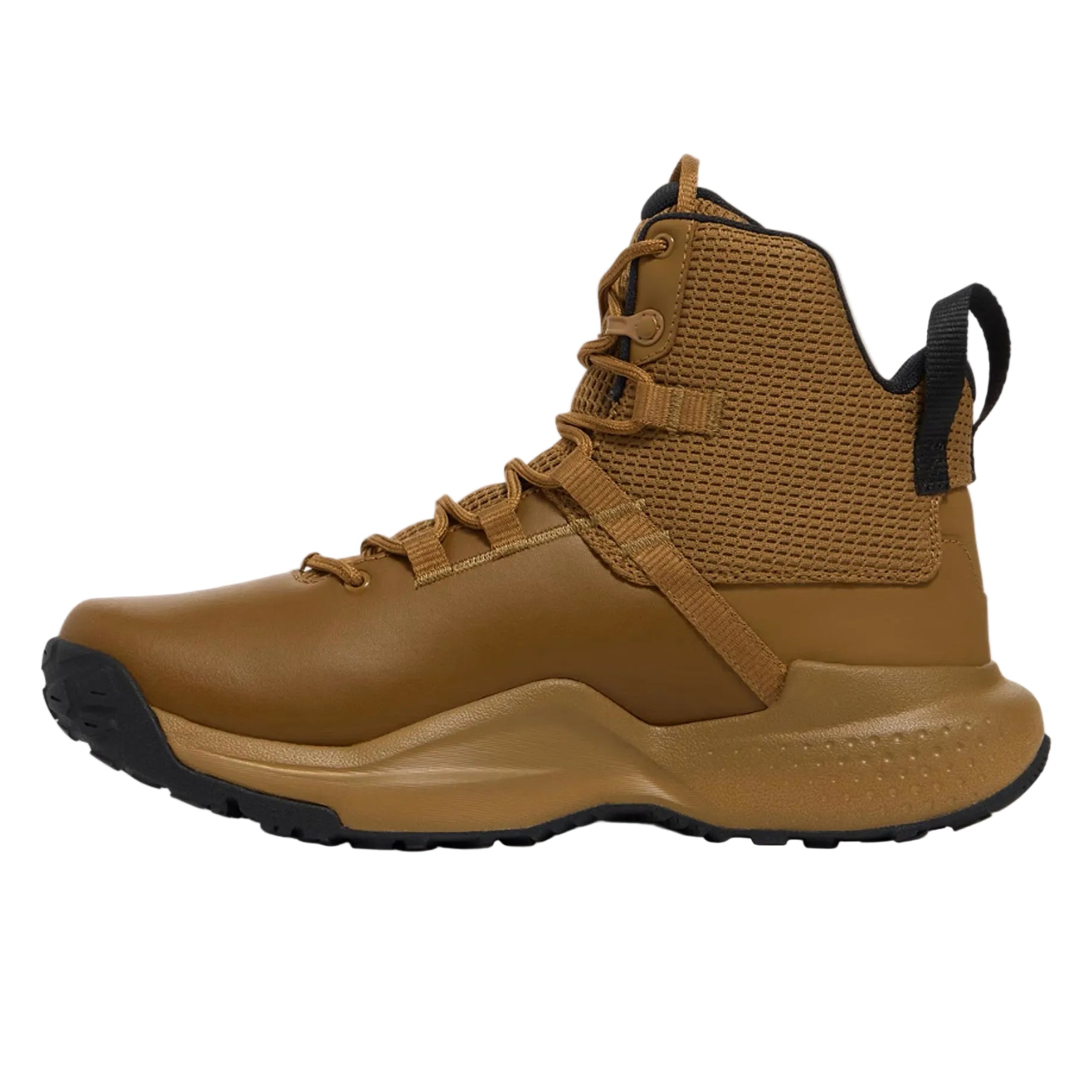 Inside foot side view of the UA Stellar Mid Tactical Boots in Coyote highlighting reinforced TPU shank stability, cushioned EVA footbed, and rugged upper suited for military and first responder performance.