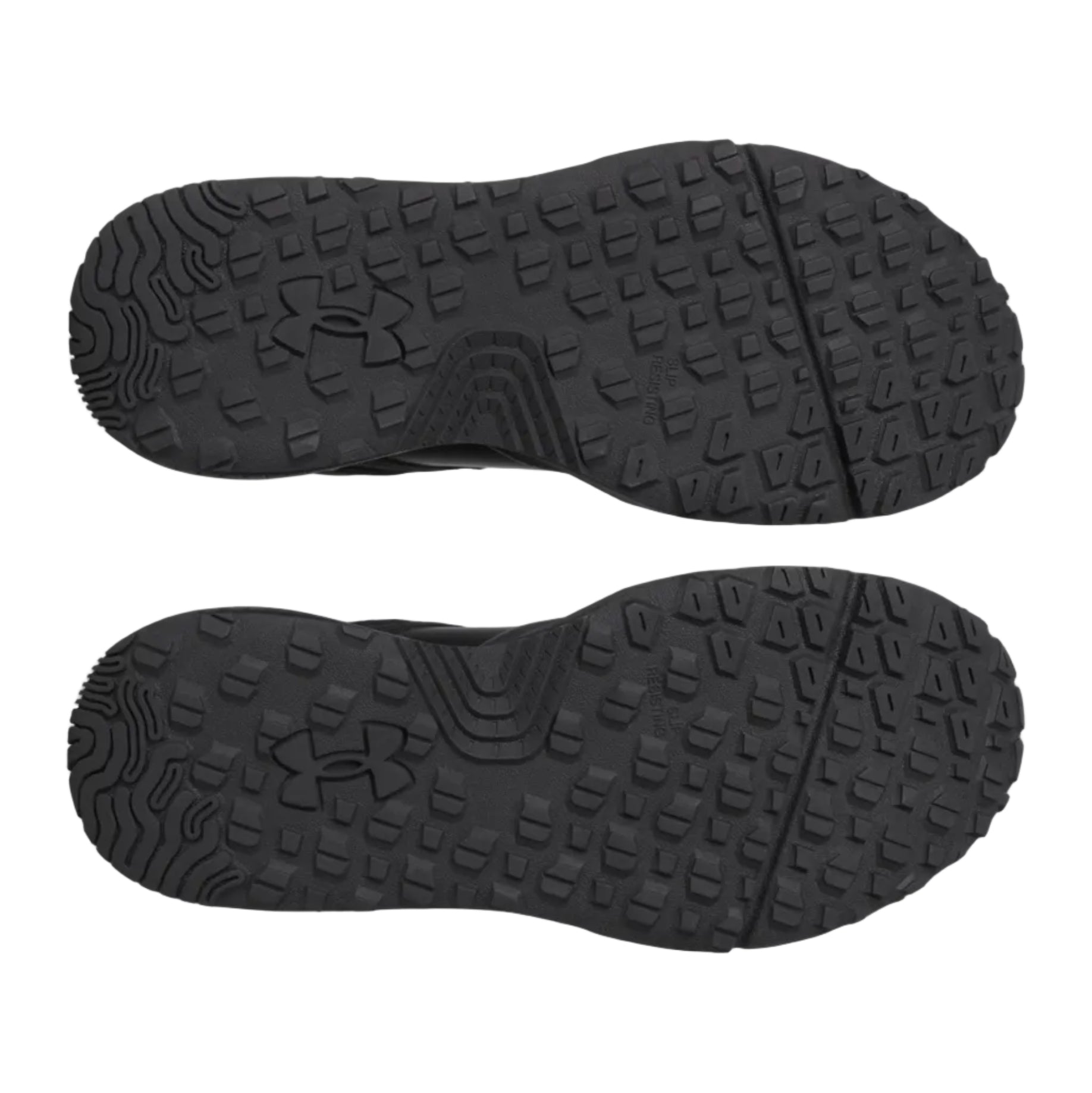 Bottom sole view of the Black UA Stellar Mid Tactical Boots showing the slip resistant rubber lug outsole pattern designed for secure traction on wet, uneven, and duty related surfaces.