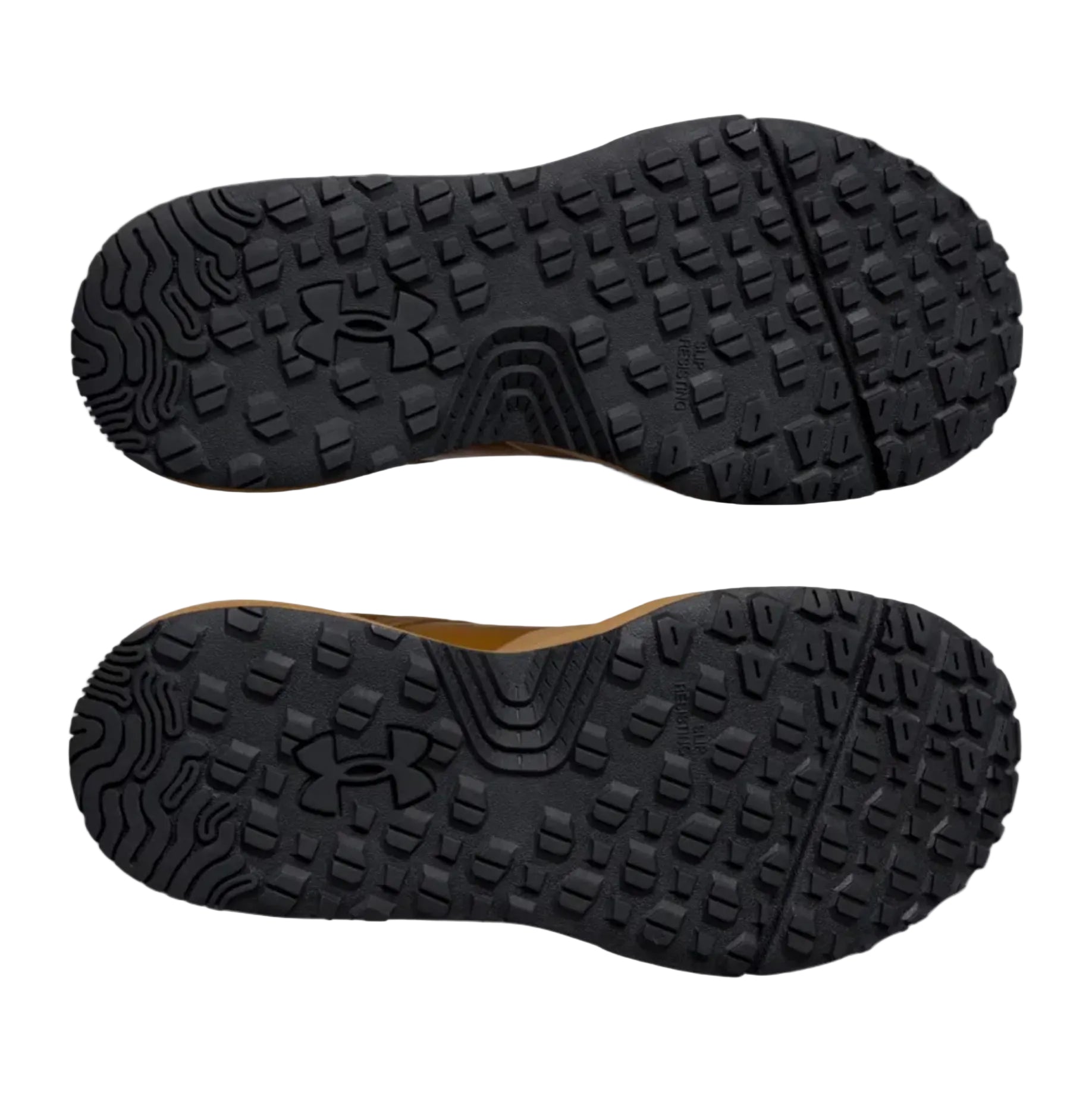 Bottom sole view of the Coyote UA Stellar Mid Tactical Boots showing the slip resistant rubber lug outsole engineered for reliable grip on tactical terrain and demanding duty environments.