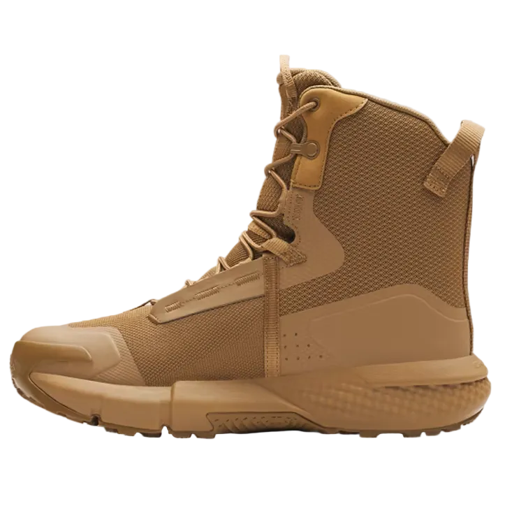 Inside foot side view of the Under Armour Valsetz Tactical Boots showing the breathable synthetic upper, reinforced PU abrasion zones, and Charged Cushioning midsole built for long duty shifts, tactical movement, and rugged terrain performance.