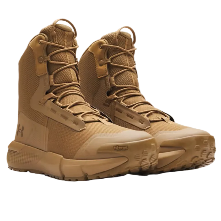 Pair of Under Armour Valsetz Tactical Boots shown together highlighting the breathable synthetic upper, durable PU abrasion overlays, Charged Cushioning midsole, and Vibram XS Trek outsole engineered for military, law enforcement, and first responder performance.