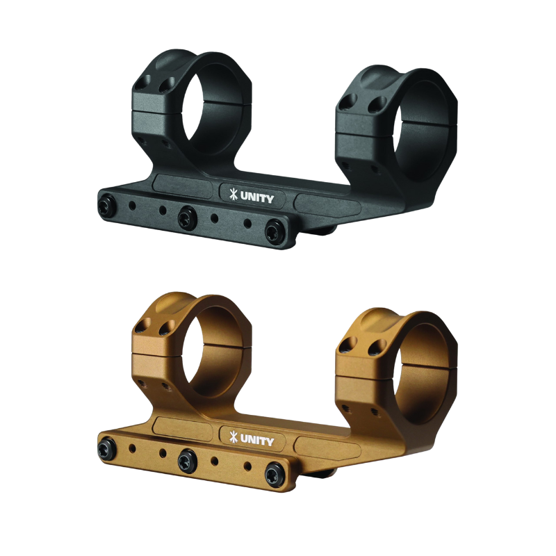 Unity Tactical REKE Scope Mount 1.54 precision LPVO optic mount shown in Black and FDE featuring modular 7075 T6 aluminum construction and night vision compatibility