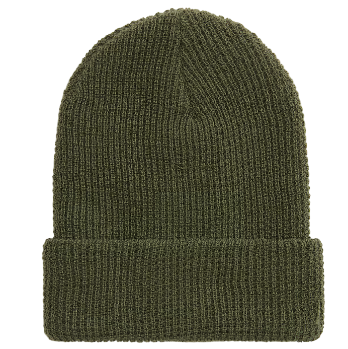 Sustainable forest green waffle knit beanie made from recycled polyester, designed for cold weather outdoor wear and eco-conscious tactical style.