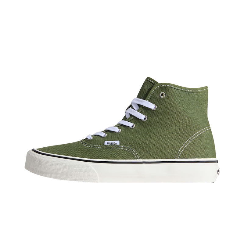 Green high-top sneaker with white laces on a white background