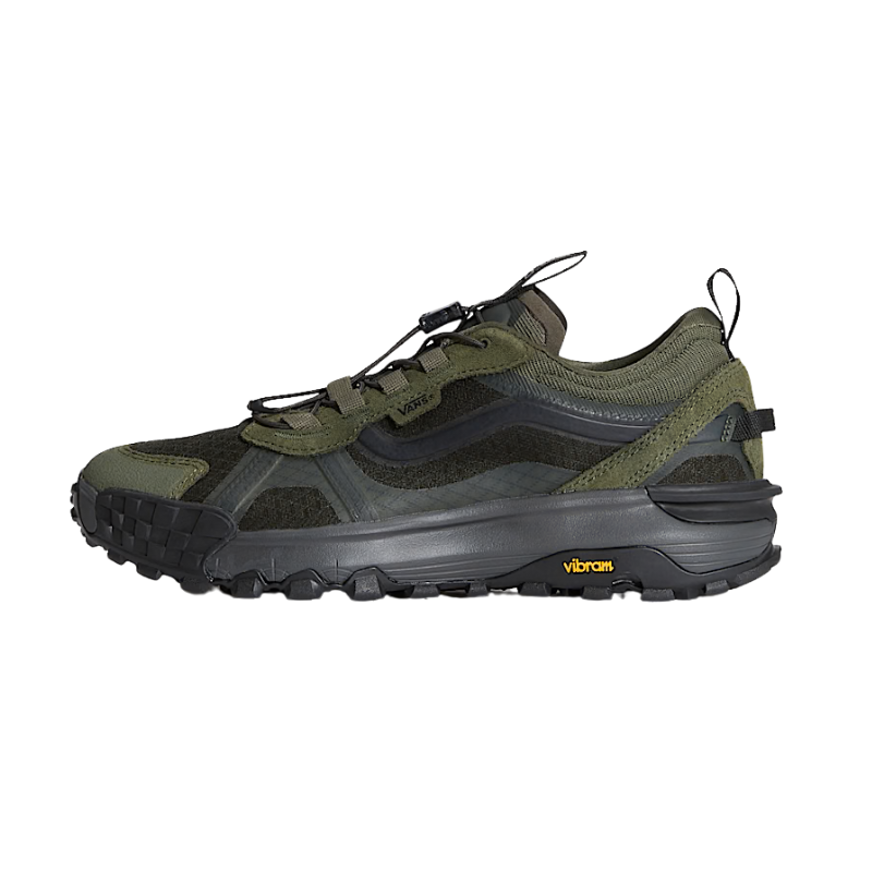 Green and black hiking shoe with Vibram sole on a white background