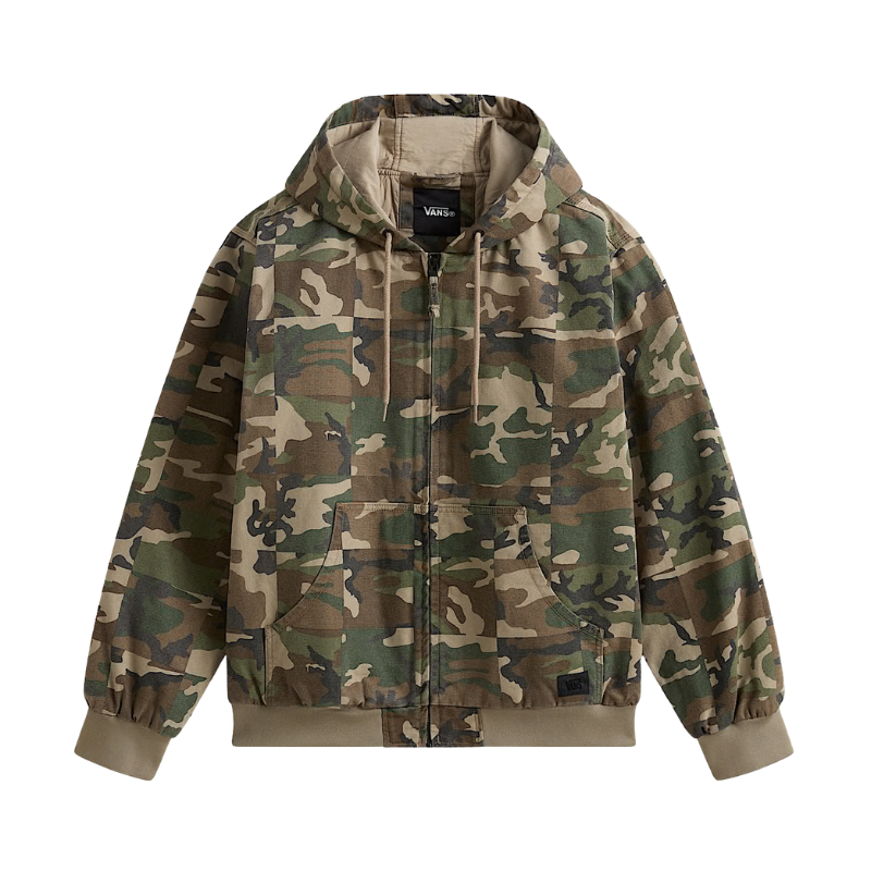 A camouflage zip-up hoodie jacket with a beige interior lining, beige drawstrings, and beige ribbed cuffs and hem, shown against a plain white background.
