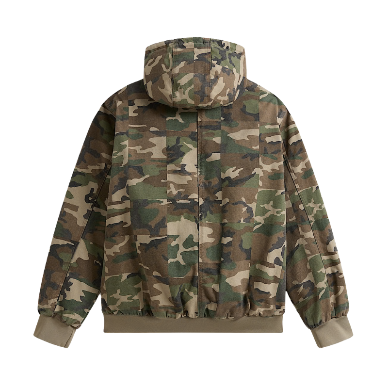 A hooded jacket with a classic green, brown, and beige camouflage pattern, shown from the back against a plain white background.