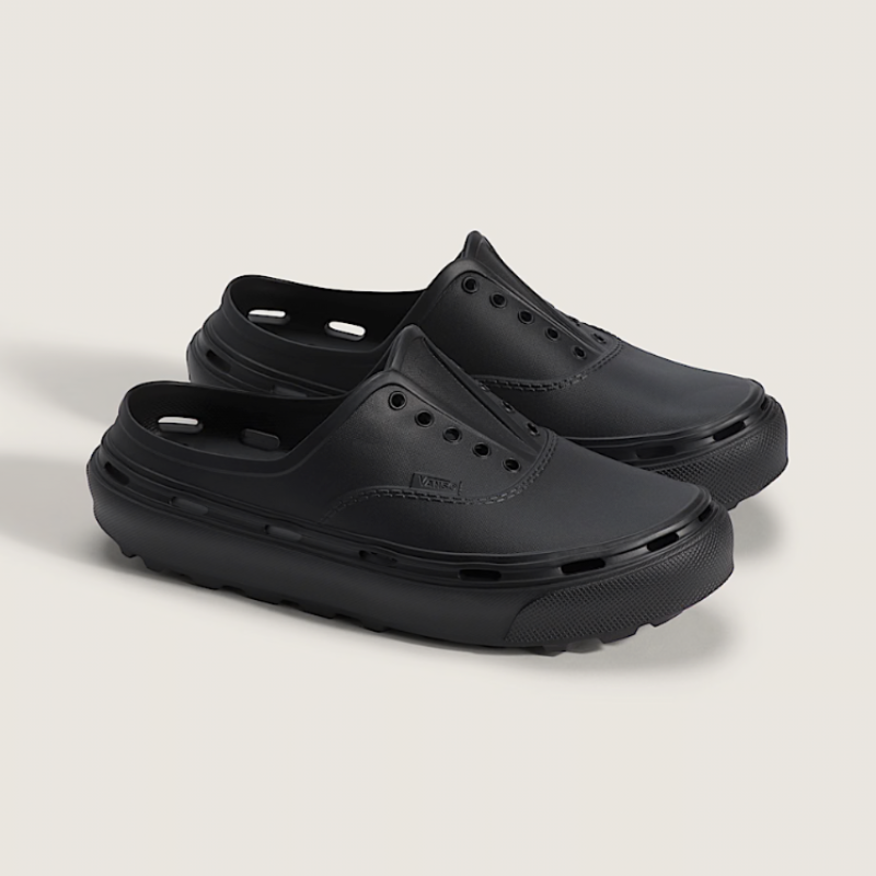 Pair of black clogs on a light gray background