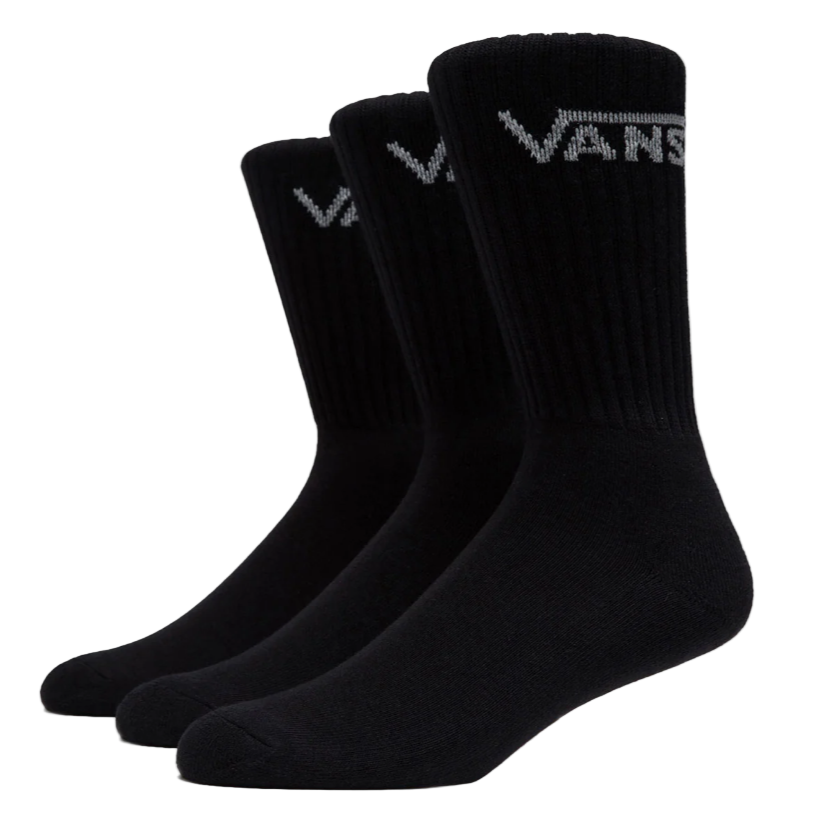 Three pairs of Vans Classic Crew Socks in Black featuring cushioned ribbed construction, athletic fit, and the signature Vans logo at the cuff.
