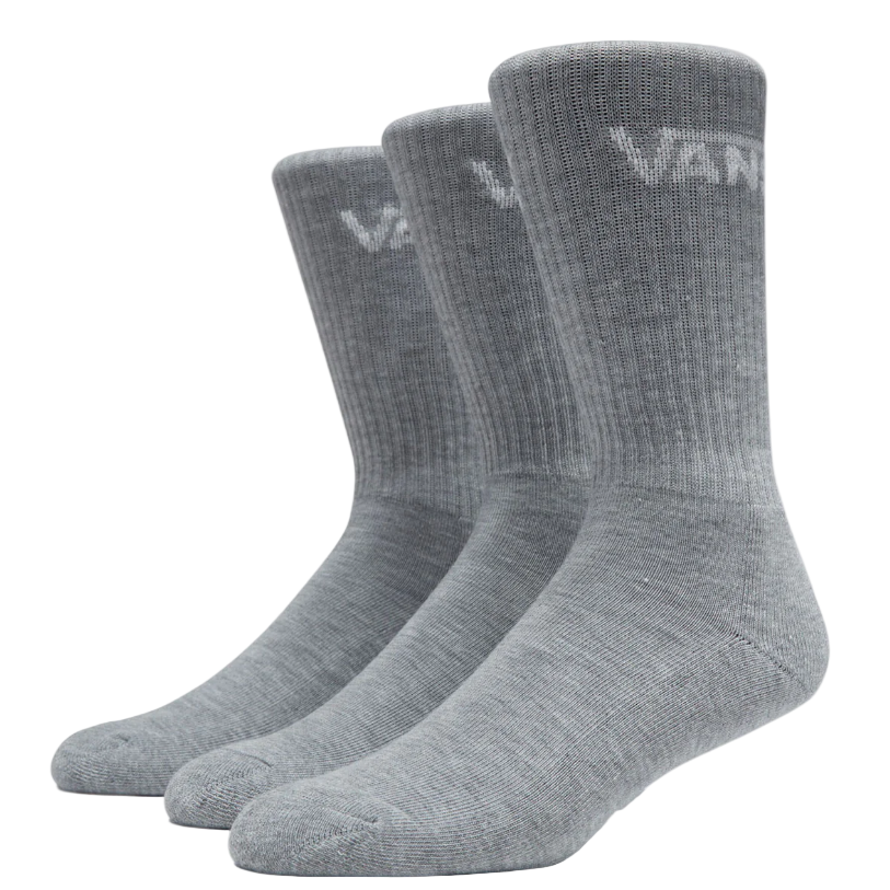Three pairs of Vans Classic Crew Socks in Gray designed with cushioned comfort, ribbed support, and classic Vans branding.