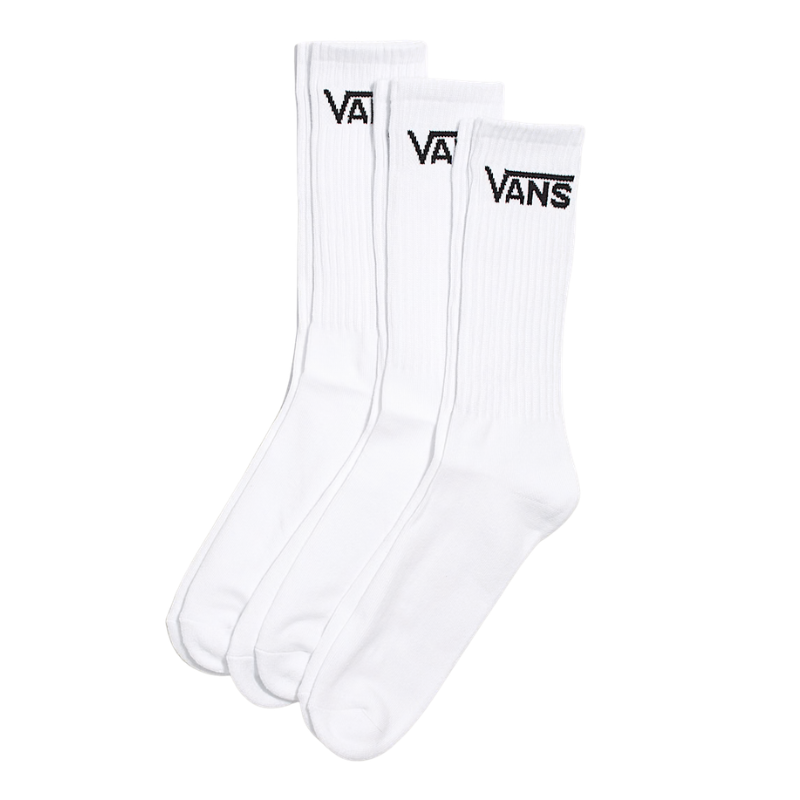 Three pairs of Vans Classic Crew Socks in White featuring full cushioning, ribbed construction, and the iconic Vans logo for everyday wear.