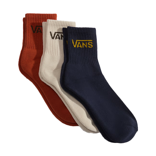 Vans Classic Half Crew Socks 3-Pack in multicolor set featuring cushioned soles, ribbed cuffs, and jacquard logos for soft, secure everyday comfort