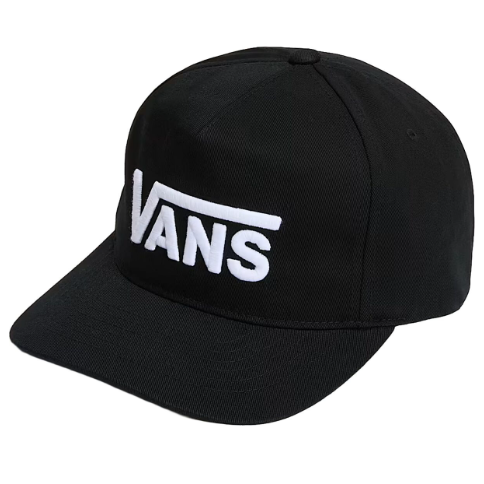 Front view of the Vans Drop V Snapback Hat in black showing 5-panel structure, curved bill, and direct embroidered Drop V logo for clean everyday wear