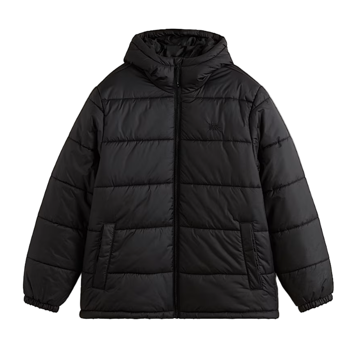 Front product shot of the Vans Hillgate Puffer Jacket in Black showing the hooded insulated design with 10 oz poly fill, recycled polyester shell, and rugged cold weather construction built for winter range days and outdoor missions.