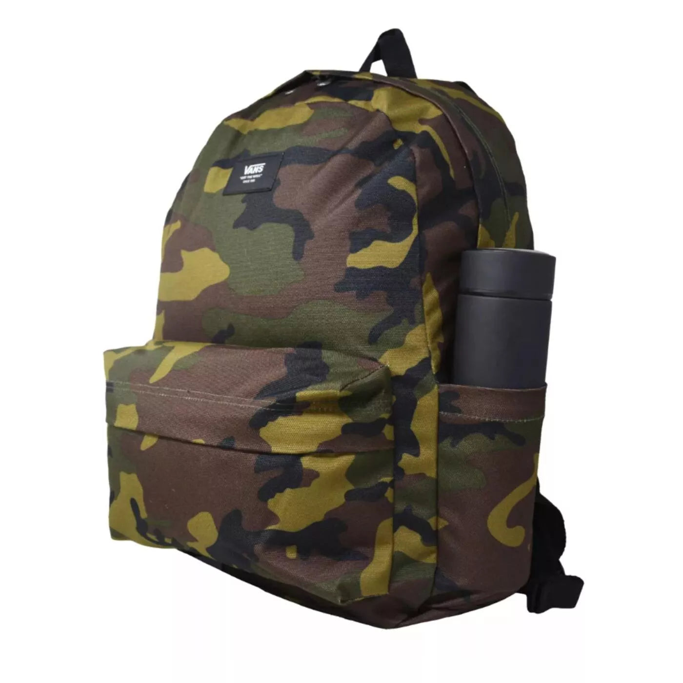 Product shot of the Vans Old Skool Backpack in Classic Camo showing the 22L recycled polyester construction, interior 15 inch laptop sleeve, front organizer pocket, and ergonomic padded straps designed for everyday carry, commuting, school, travel, and lightweight range day use.