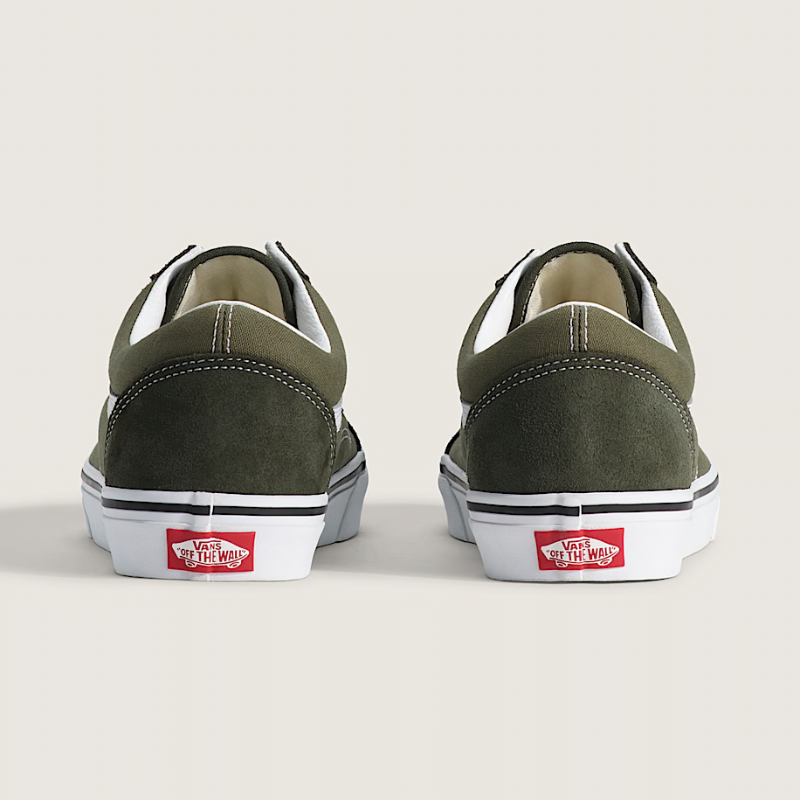 Rear heel view of Vans Old Skool Obsidian Fern sneaker showing Vans Off The Wall heel tab and foxing stripe