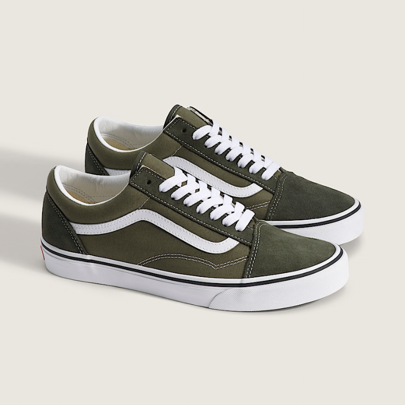 Pair of Vans Old Skool Obsidian Fern green suede canvas sneakers displayed together highlighting padded collar and waffle sole