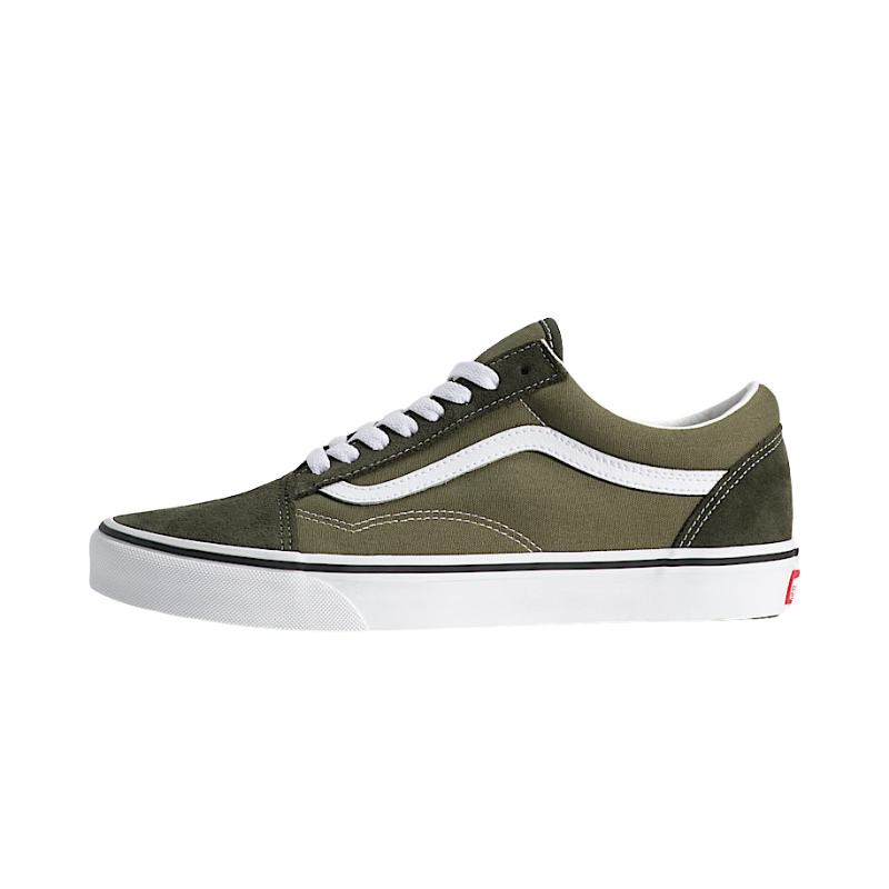 Side view of Vans Old Skool Obsidian Fern green suede and canvas skate sneaker with white Sidestripe and rubber foxing