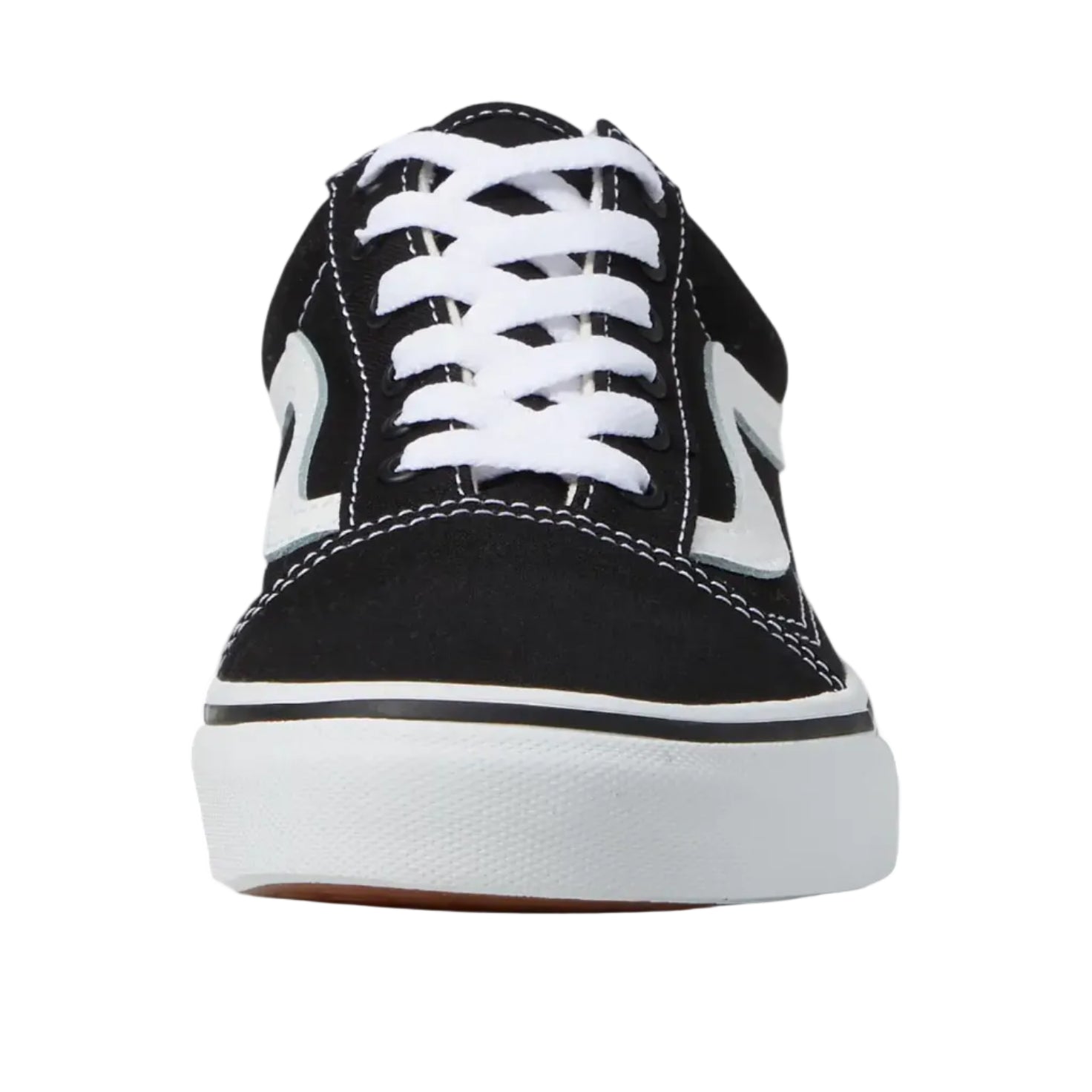 Front view of the Vans Old Skool Shoe in Black and White showing the lace-up closure, reinforced toe area, and classic skate shoe profile.
