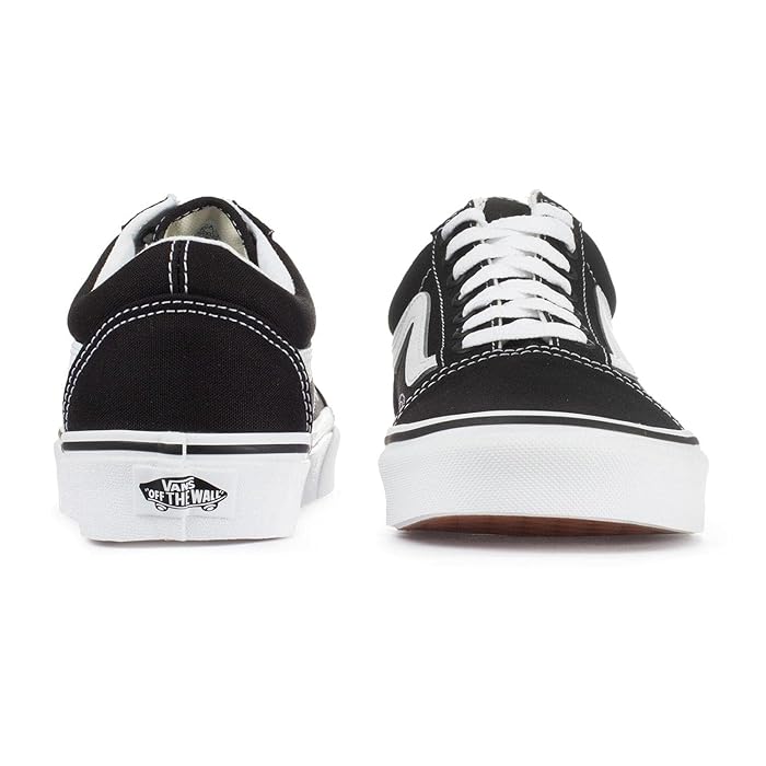 Rear view of Vans Old Skool Shoes in Black and White displaying the classic Vans heel tab and durable vulcanized construction.