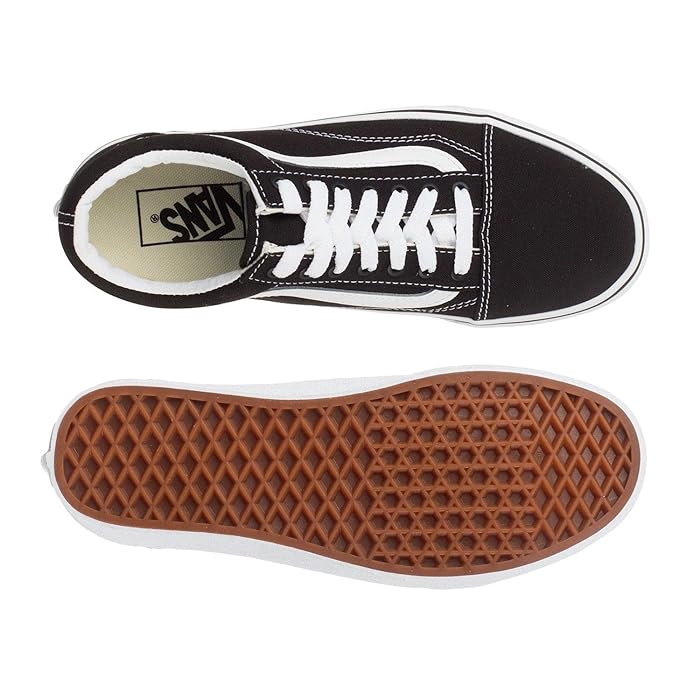 Top and outsole view of the Vans Old Skool Shoe in Black and White showcasing the lace-up design and signature waffle tread outsole.