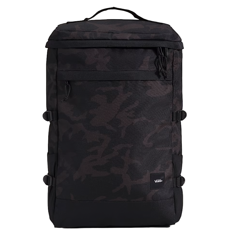 Front view of the Vans Omit Backpack highlighting the camo pattern, front zipper pockets, and rugged Cordura 28 liter construction designed for daily carry, range days, and weekend missions.