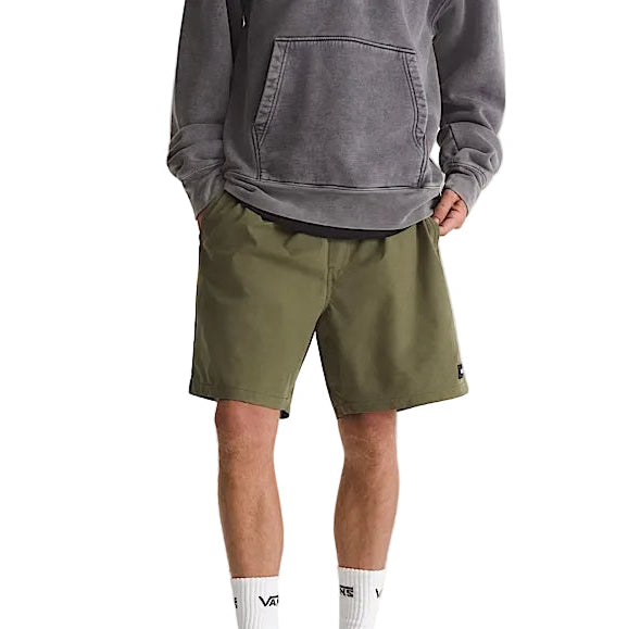 Vans Range Sport Shorts in Mossy Olive featuring lightweight stretch fabric, a DWR finish, and an elastic waistband for active everyday wear.