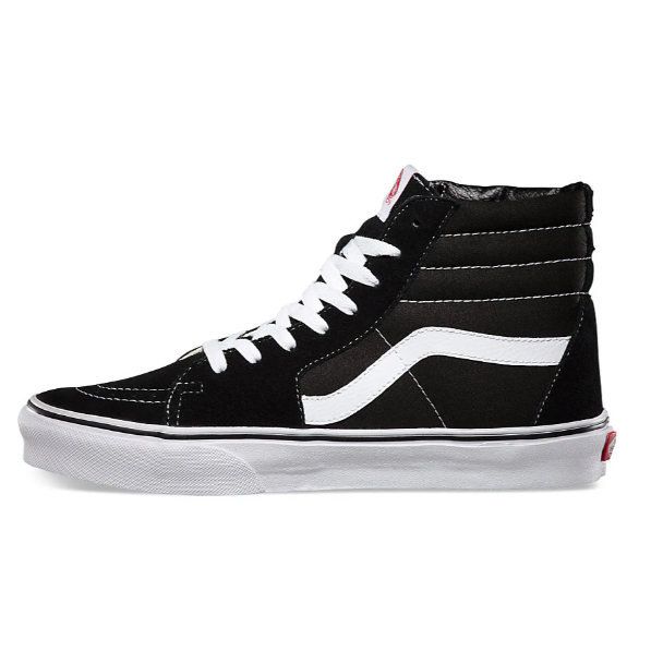 Alternate side view of the Vans Sk8-Hi in black and white, featuring suede and canvas uppers with the iconic white Sidestripe. High-top skate shoe with reinforced toe cap, padded collar, and Vans’ durable waffle outsole for traction and all-day wear.