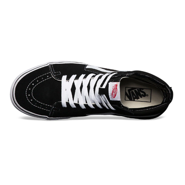 Top view of the Vans Sk8-Hi in black and white, highlighting the lace-up closure, padded high-top collar, and classic skate shoe construction. Features suede and canvas uppers with reinforced toe cap and Vans’ iconic waffle outsole for grip and lasting durability.