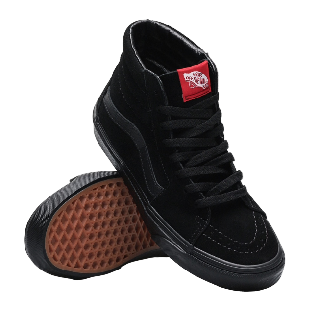 Vans Sk8-Hi shoes in black on black suede shown as a pair, with one shoe displaying the signature rubber waffle tread. Iconic high-top skate shoe featuring reinforced toe cap, padded collar, and durable canvas-suede build for grip and lasting performance.