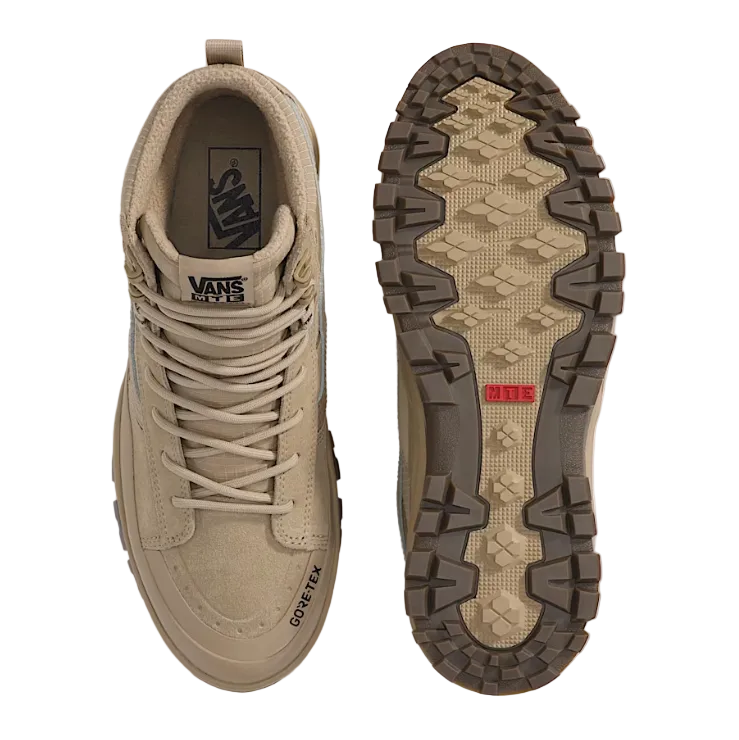 Top and bottom view of the Vans Sk8-Hi GORE-TEX Insulated Shoe in Incense highlighting the lace system, insulated upper, and All-Trac outsole tread pattern.