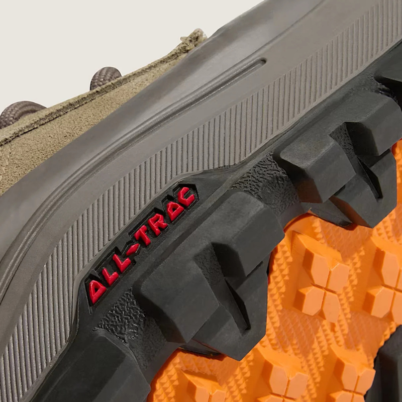 Close-up of the Vans Sk8-Hi GORE-TEX Insulated Shoe in Khaki Brown featuring the All-Trac outsole designed for grip on wet, icy, and uneven terrain.