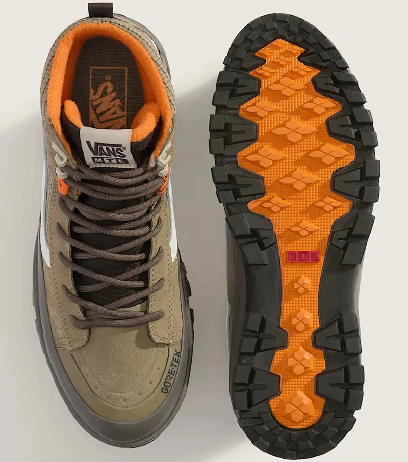 Pair of Vans Sk8-Hi GORE-TEX Insulated Shoes in Khaki Brown featuring waterproof GORE-TEX protection, cold-weather insulation, and All-Trac traction.