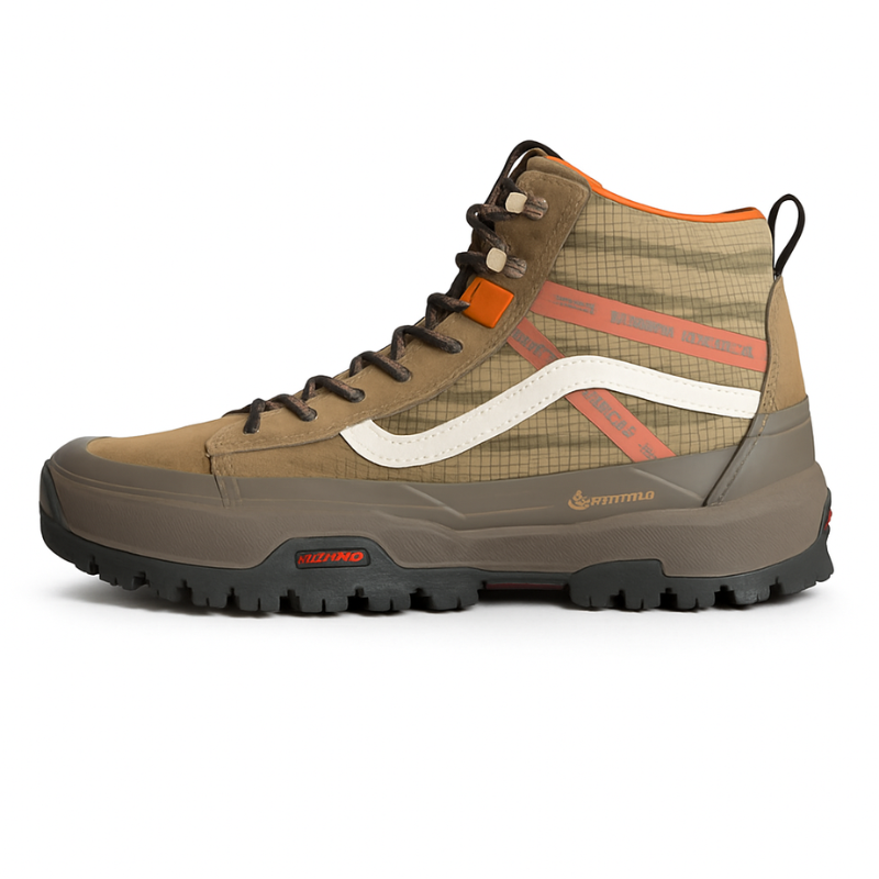 Side profile of the Vans Sk8-Hi GORE-TEX Insulated Shoe in Khaki Brown featuring waterproof protection, insulated comfort, and rugged all-weather traction.