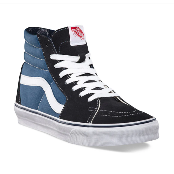 Close-up of the Vans Sk8-Hi in navy and blue showing the lace-up closure and reinforced toe cap. Iconic high-top skate shoe with suede and canvas uppers, padded collar, white Sidestripe, and Vans’ durable waffle outsole for classic style and skate-ready grip.