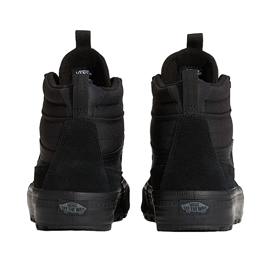 Rear view of black Vans Sk8-Hi Waterproof MTE showing padded heel collar and waterproof construction designed for comfort and durability in cold conditions