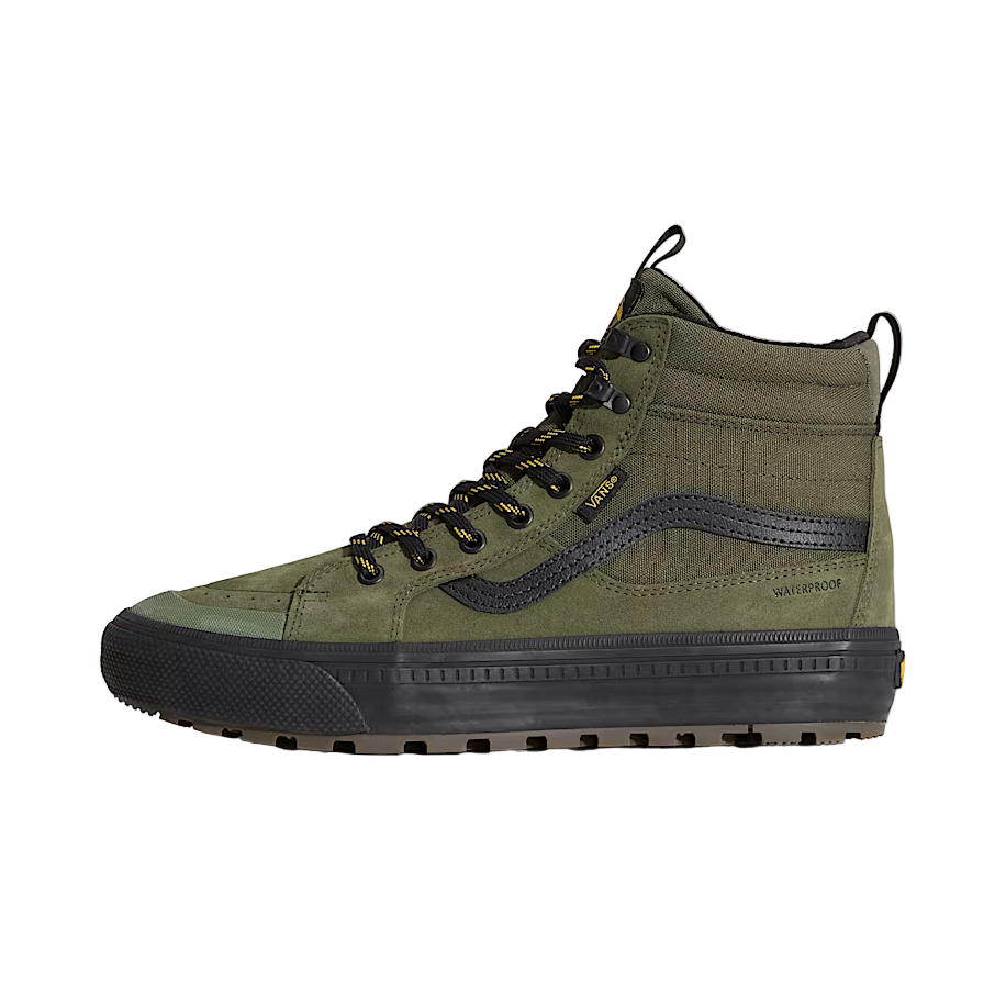 Side view of the Vans Sk8-Hi Waterproof MTE in black and olive green, featuring waterproof construction, PrimaLoft® insulation, and All-Trac outsole grip