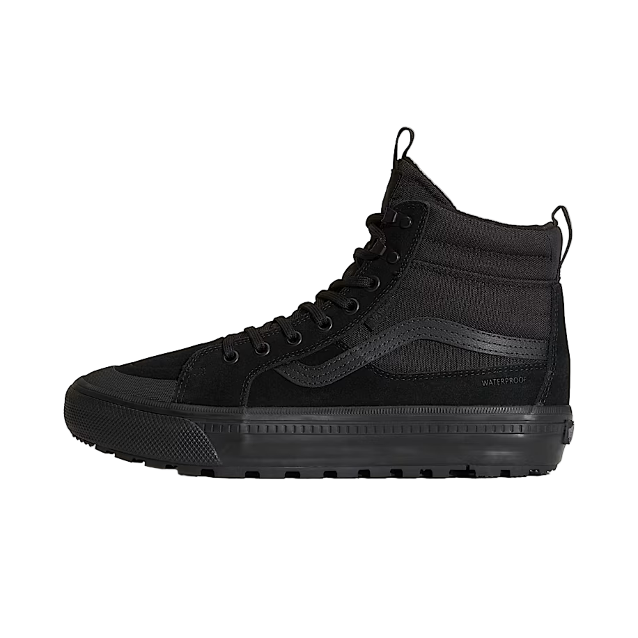 Side view of the black Vans Sk8-Hi Waterproof MTE showing leather and suede upper with HydroGuard® waterproofing and PrimaLoft® insulation for cold-weather wear