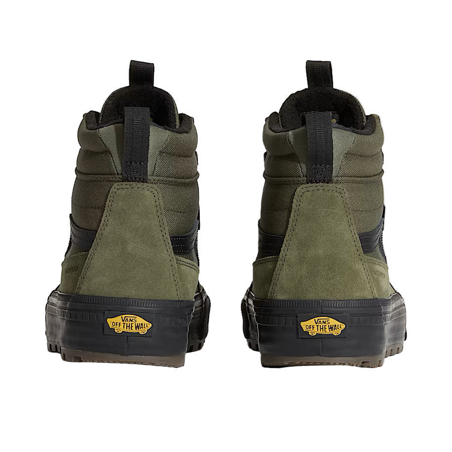 Back view of olive green Vans Sk8-Hi Waterproof MTE featuring padded heel collar and waterproof construction for cold-weather comfort and daily durability