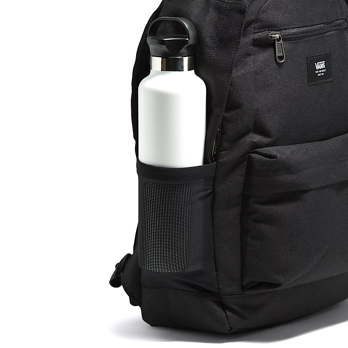 Close-up of the mesh water bottle holder on the black Vans Startle Backpack, designed for off-duty use with easy-access storage and rugged everyday performance