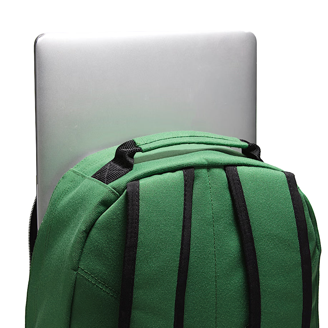 Pine Forest Green Vans Startle Backpack shown holding a laptop in its padded sleeve, built for everyday carry with secure tech storage and off-duty performance