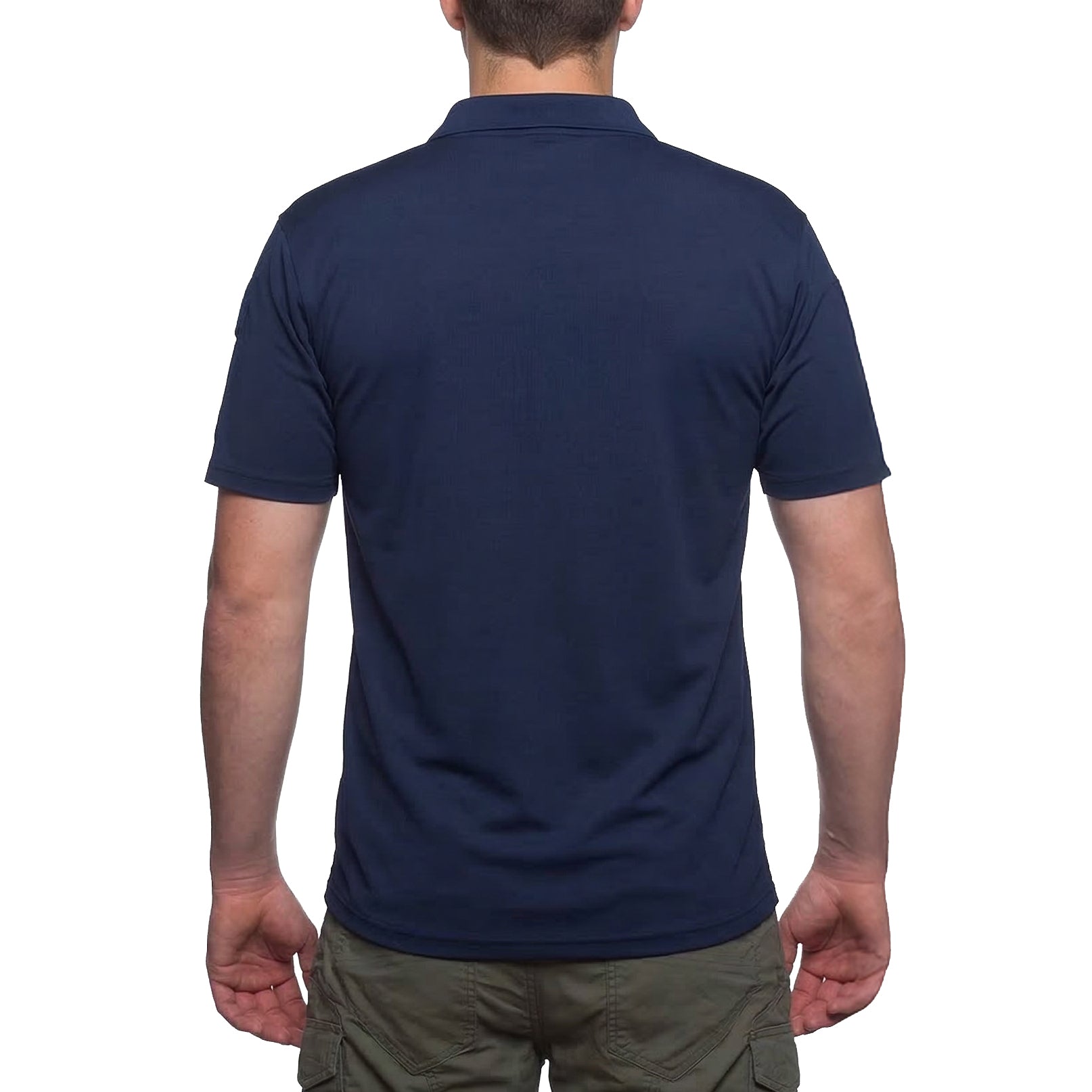 Back view of Velocity Systems BOSS Rugby Shirt in Navy Blue lightweight tactical combat top with four way stretch moisture wicking fabric, professional range training and patrol base layer built for plate carrier wear and high output duty use