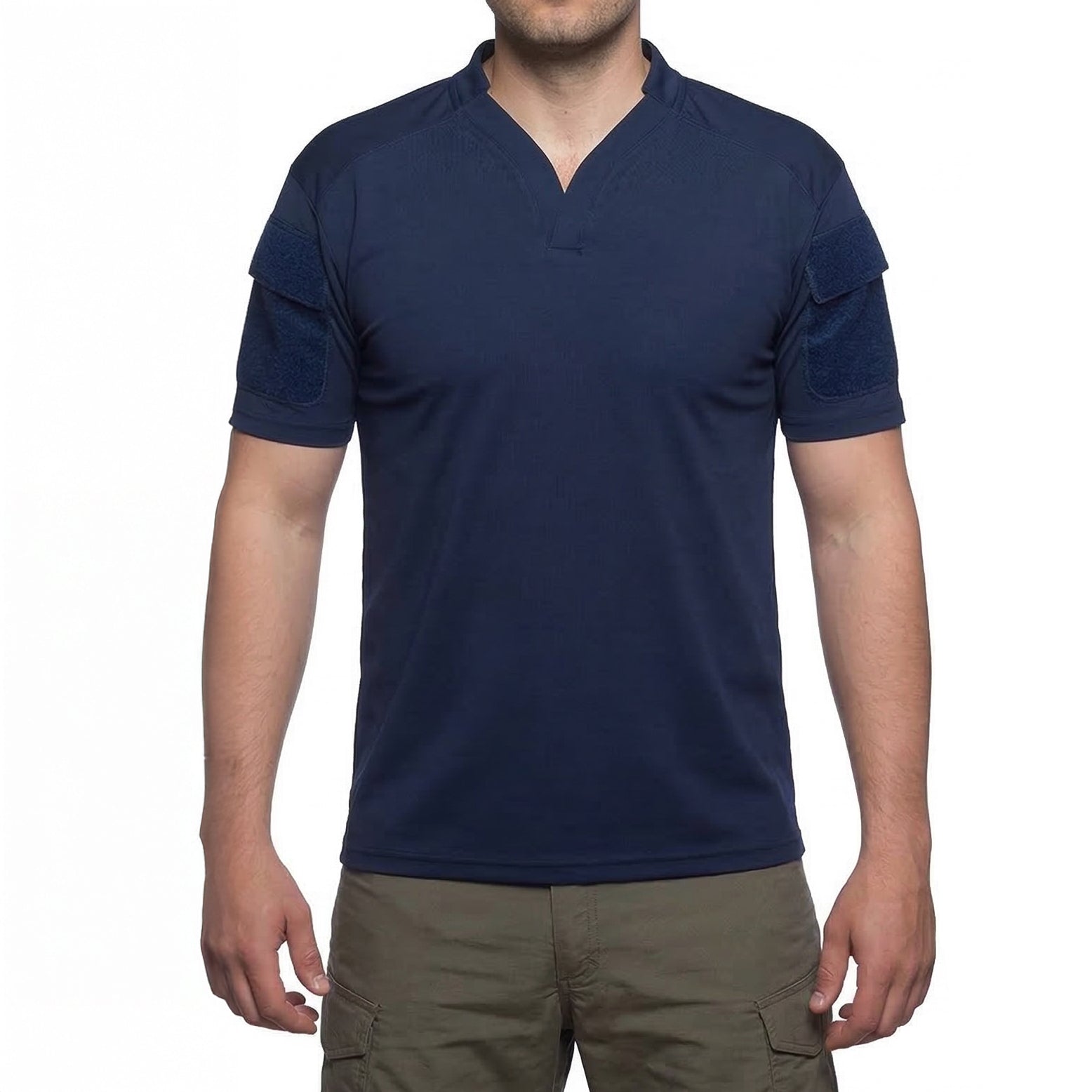 Front view of Velocity Systems BOSS Rugby Shirt in Navy Blue tactical combat shirt featuring stand up rugby collar and performance stretch fabric, elite range duty and training base layer designed for law enforcement and military use made in the USA